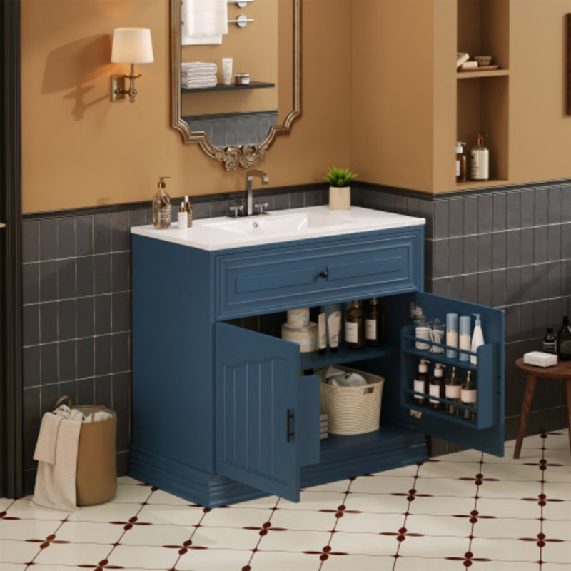 Meuble-lavabo 36 po avec lavabo en céramique, armoire en bois massif avec 2 portes à fermeture douce - meuble-lavabo moderne pour salle de bain