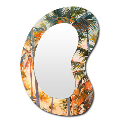 Caidee Palm Trees Romantic Impression I - Yellow Asymmetrical Decorative Mirror, Traditional Unique Shape Wall Mirror, Printed Metal Art
