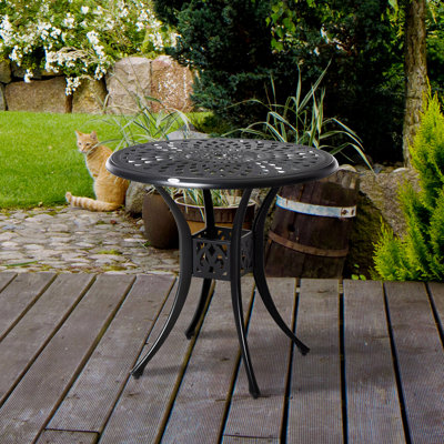 30" Round Patio Dining Table With Umbrella Hole, Antique Cast Aluminum Outdoor Bistro Table Only