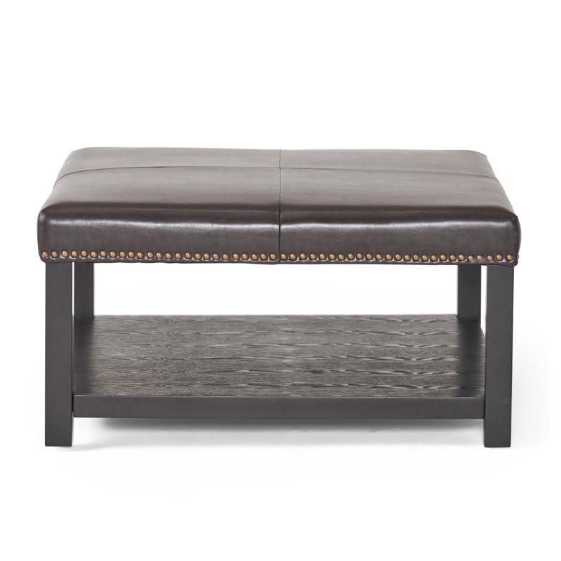 Large Square Ottoman Bench, Faux Leather Coffee Table Ottoman With Rack & Solid Wood Legs, Oversized Ottoman For Living Room