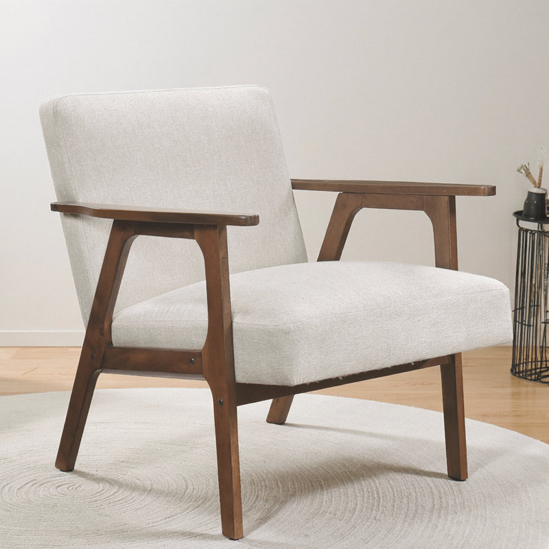 Chaise d'appoint contemporaine en tissu avec structure en bois d'hévéa massif, Noyer, Beige