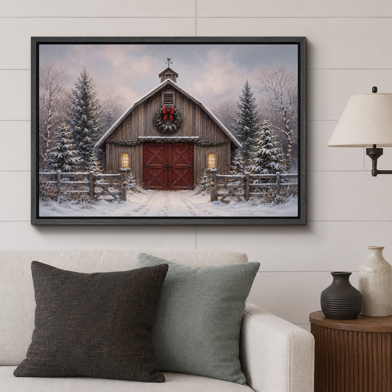 Illustration de grange de Noël porte rouge rustique, H 24 po x l 36 po x P 1,5 po, Cadre noir