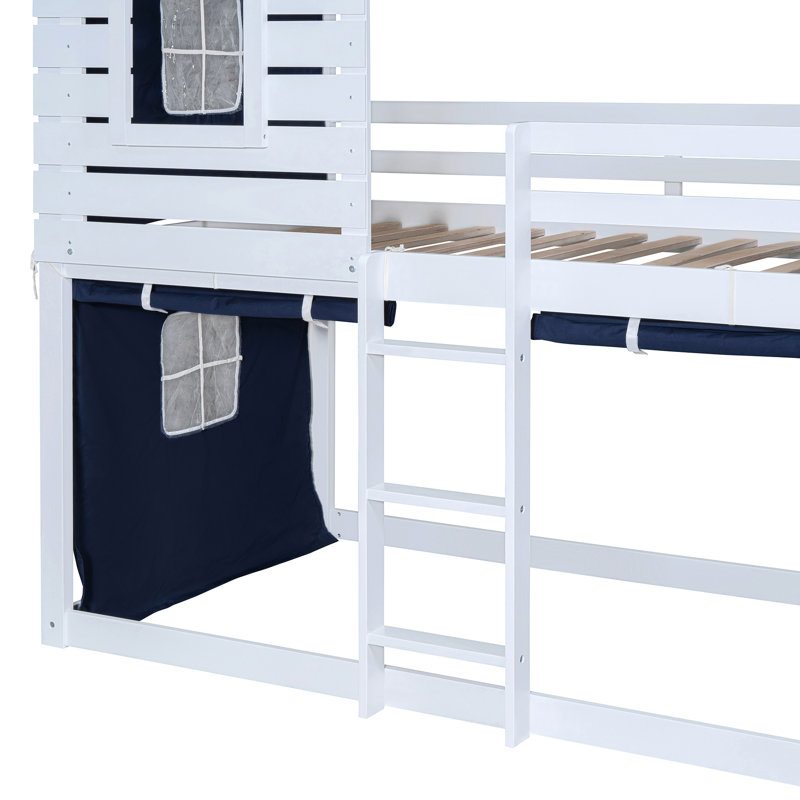 Lit simple superposé en bois avec tente, Bleu