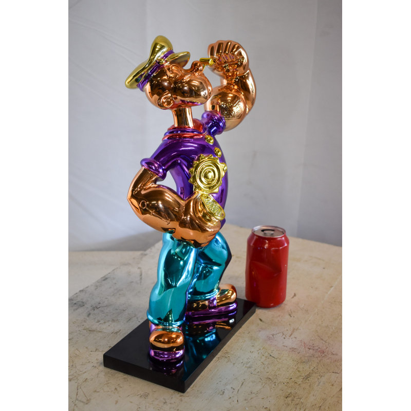 Statue Alteye en chrome sur fond noir de 9 po x 8 po x H 16 po Popeye, Mauve / bleu