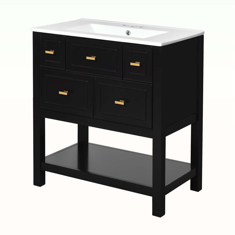 Free Standing Single Vanity Set with 5 Drawers, Black
