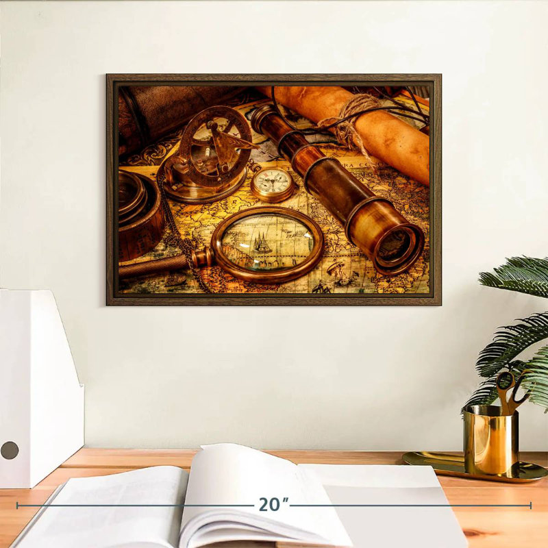 Old Nautical Navigation Tools, 13" X 9", Floating Frame Walnut