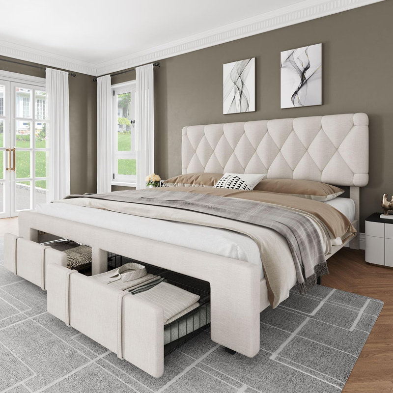 Cadre de lit, cadre de lit plateforme en velours avec tiroirs de rangement, Lit double, Gris