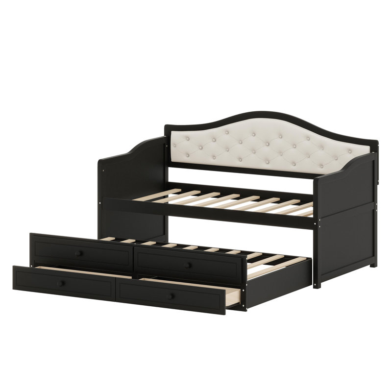 Versatile Sofa Bed Featuring Tufted Backrest, Trundle, and Built-In Storage, Black