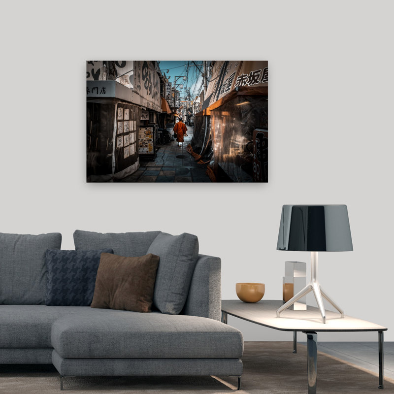 Moine dans une ruelle japonaise, art mural traditionnel abstrait, H 32 po x l 48 po