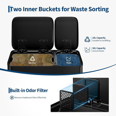 Dual Kitchen Trash Can 13.2+5.2 Gal (50+20L), Stainless Steel Double Bin with Soft Close Lid, Step-on Recycling & Garbage