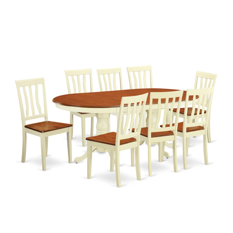 9 Piece Dining Set Includes an Oval Dining Table with Butterfly Leaf and 8 Kitchen Chairs, Buttermilk & Cherry