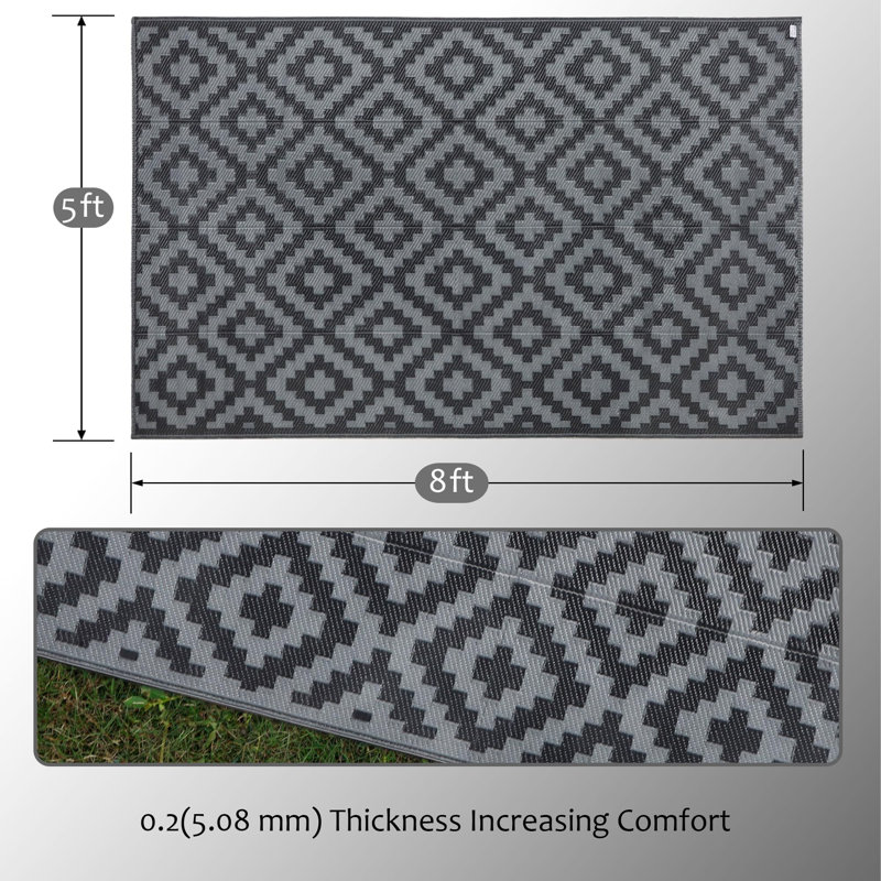 Tapis d'extérieur imperméable 5 pi x 8 pi, tapis réversible en plastique, tapis moderne, grand tapis de sol pour l'extérieur, véhicule récréatif, patio, cour arrière, terrasse, pique-nique, plage, camping, treillis gris noir