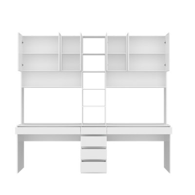 Grand bureau à domicile 94,5 "avec huche, armoires de rangement murales, étagères et tiroirs, bureau d'ordinateur blanc pour deux