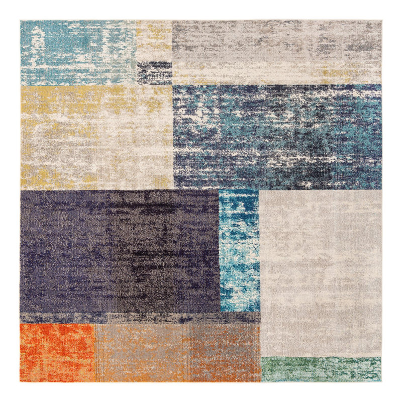  Tapis bleu marine / gris / orange Octagon, Carré 9 pi 10 po