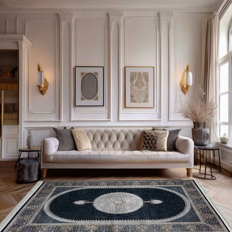 Minyatur Navy Medallion Area Rug – Traditional Woven Viscose Carpet, Low-Pile Vintage Look for Living Room, Bedroom & Hallway
