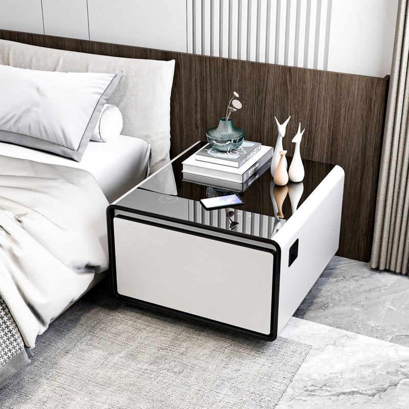 Smart Side Table With Built-In Fridge, Wireless Charging, Temperature Control, Power Socket, USB Ports, Outlet Protection, Induction Light
