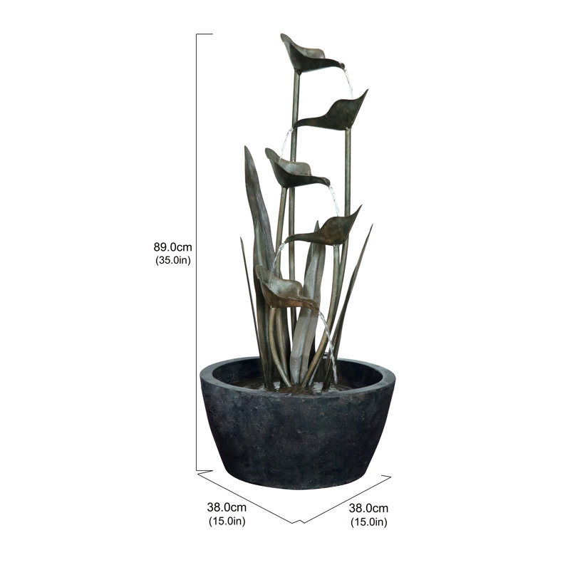Tiered Leaves Stainless Metal Fountain Outdoor, Silver, 35.5" H x 15.25" W x 15.25" D