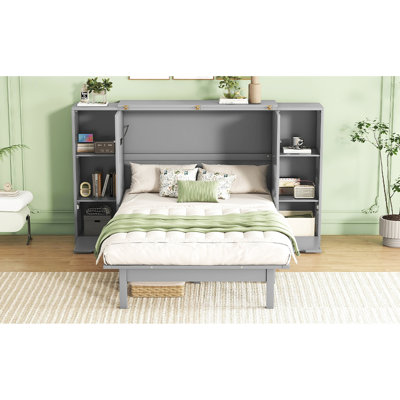 Grand lit gris avec tablettes, tiroirs et - Optimiseur d'espace pratique