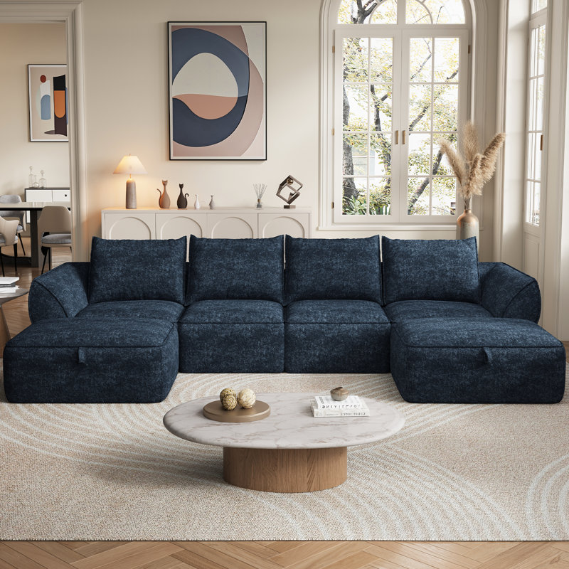132" Modular Sectional Sofa with Deep Seat, U-Shaped Cloud Couch for Living Room, 4-Seater Compression Boneless Sofa with 2 Ottomans, Flexible Combination Modern Upholstery Sofa, No Assembly Required, Aqua Blue