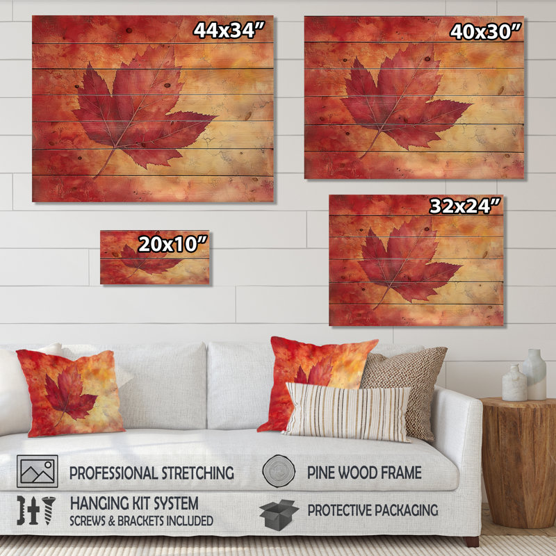 Automne, coucher de soleil sur feuille d'érable II - feuilles, art mural sur bois de pin naturel, H 34 po x l 44 po