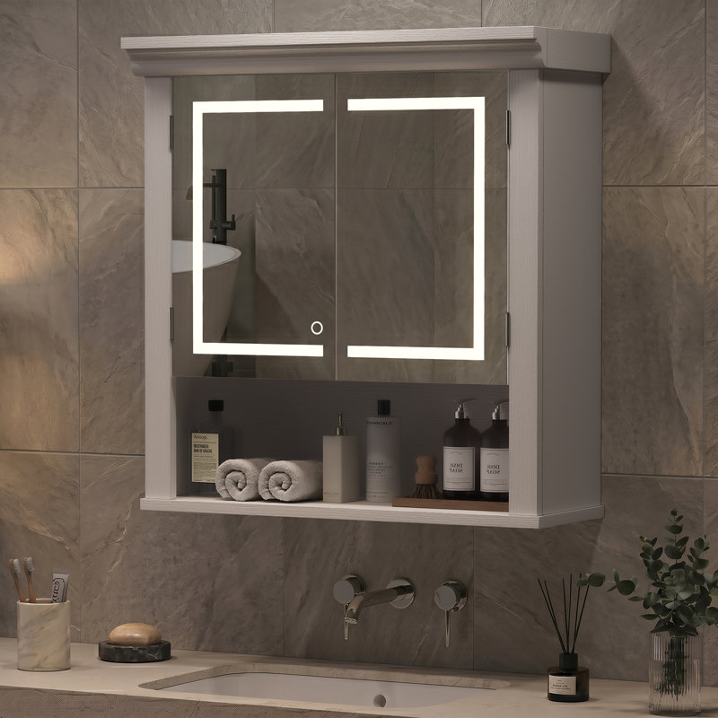 Armoire de salle de bain lumineuse à DEL avec miroir, armoire de rangement murale à double porte avec miroir de rangement pour la salle de bain, éclairage à 3 températures de couleur