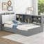 Lit plateforme simple en bois avec rangement: tête de lit, tablettes, 2 tiroirs, style gris pratique