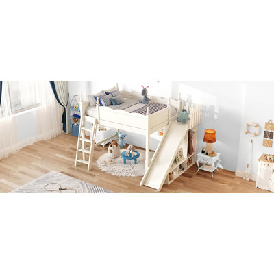 Lit mezzanine double avec tablettes de rangement et garde-robe, lits mezzanine en bois massif avec glissières amovibles et échelles, aucune boîte à ressorts nécessaire, beige (protection par brevet)