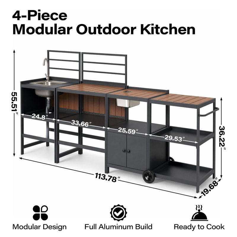 Îlot de cuisine d'extérieur modulaire en aluminium 5 pièces avec évier, ensemble d'armoires antirouille et résistantes aux intempéries pour patio et jardin