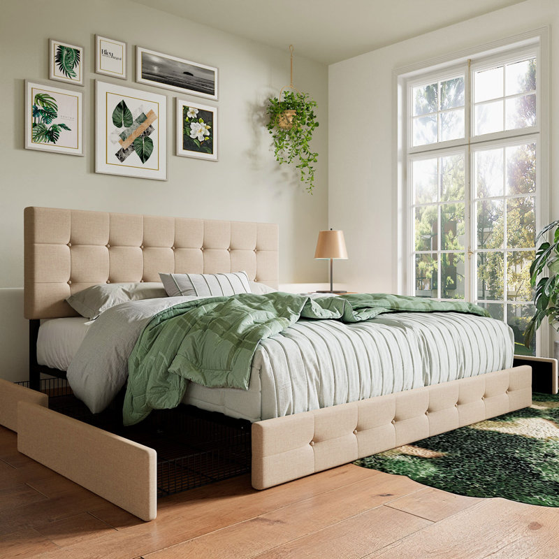 Lit plateforme avec rangement 4 tiroirs et tête de lit ajustable Deyani, Très grand, Beige