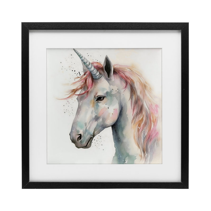 Unicorn With Pink Mane Framed Print Under Glass, design by Creative Studio, 16" H x 16" W, Midnight Black Frame