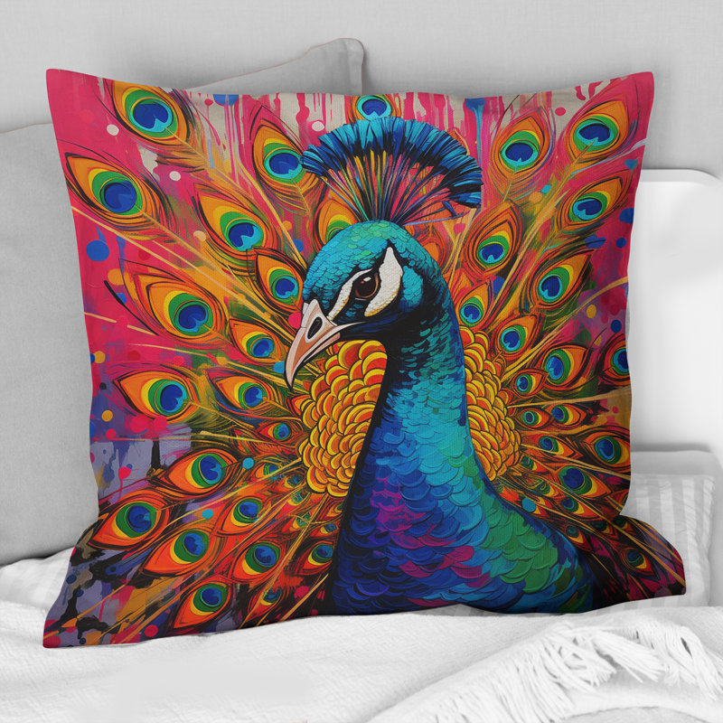 Coussin rose sarcelle Pop Art - imprimé paon