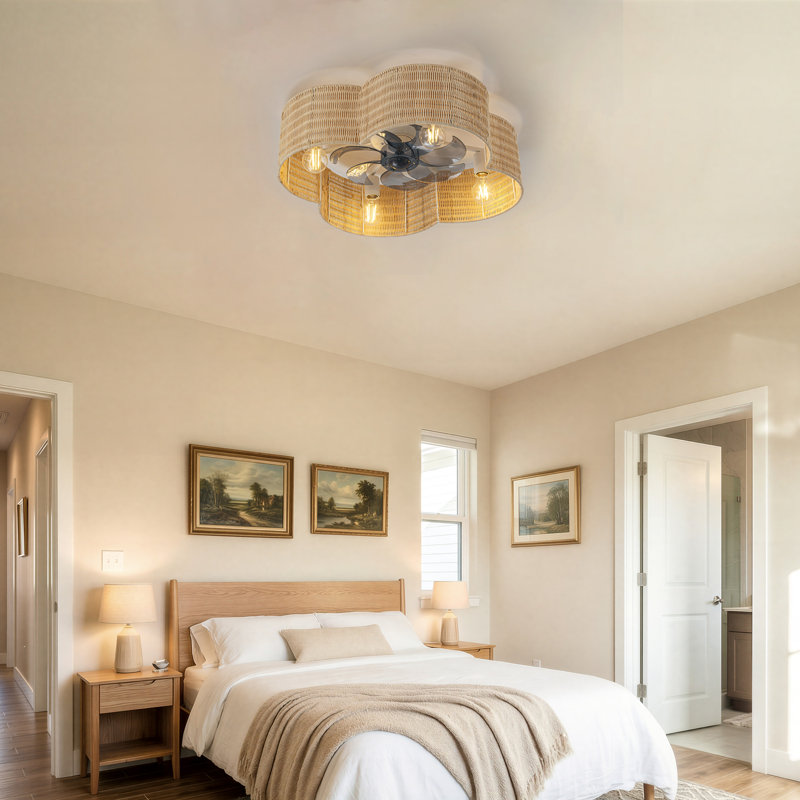 23.75in. White Finish Woven Flower Rattan Ceiling Fan With Remote Control
