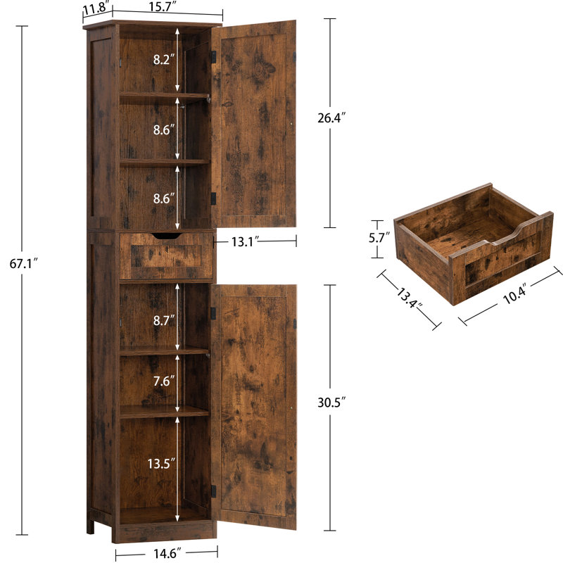 Armoire de rangement haute 67,13 po avec 2 portes et 1 tiroir, Brun rustique