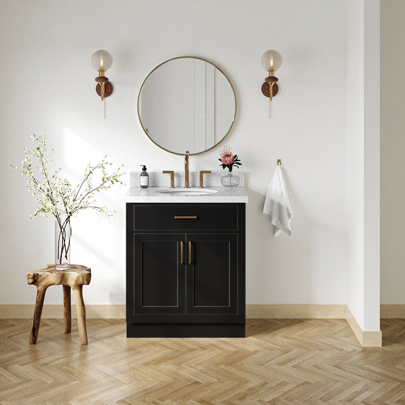 Meuble-lavabo simple en bois massif 30 po avec plateau en marbre de Carrare 1,5 po Tidworth, Ovale, Noir / laiton satiné