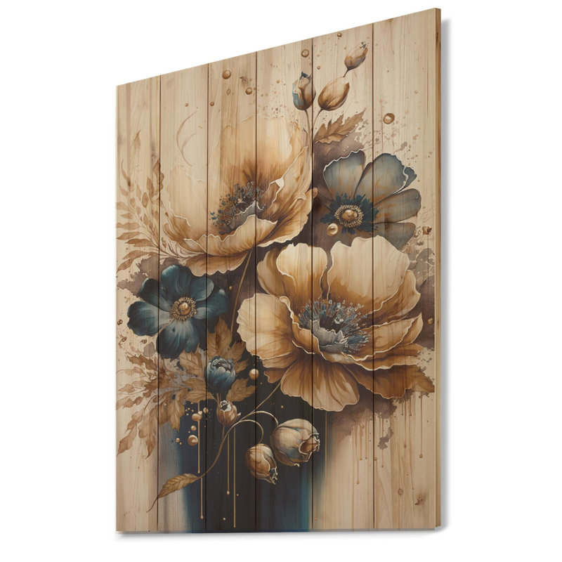 Aidon, coquelicots bruns et dorés - impression sur bois sans cadre, H 20 po x l 12 po x P 1 po