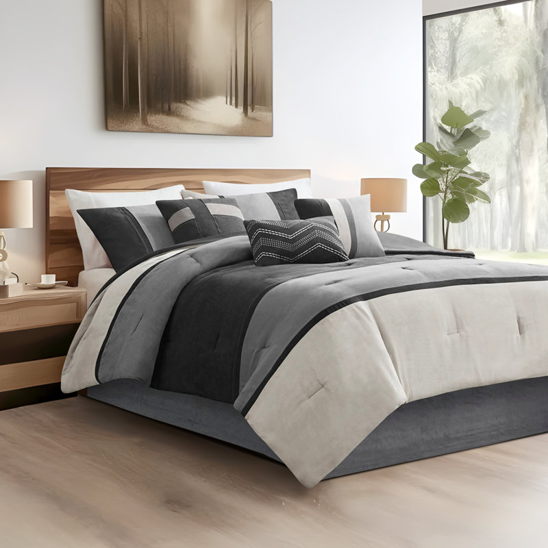 Ensemble d'édredon en microsuède 7 pièces Kimberly, Édredon de très grande taille et 6 pièces suppl, Noir
