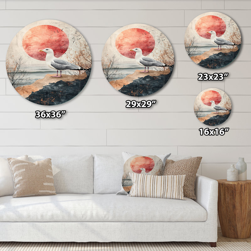 Coastal Seagull Golden Rose Sunset Elegance II - Mouette ronde, impression sur métal, H 29 po x l 29 po