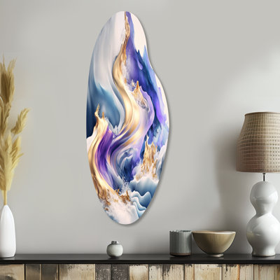 Blue And Gold Splash Paint III - Abstract Spirals Curved Metal Wall Art for Living Room, Blue Asymmetrical Metal Art Print