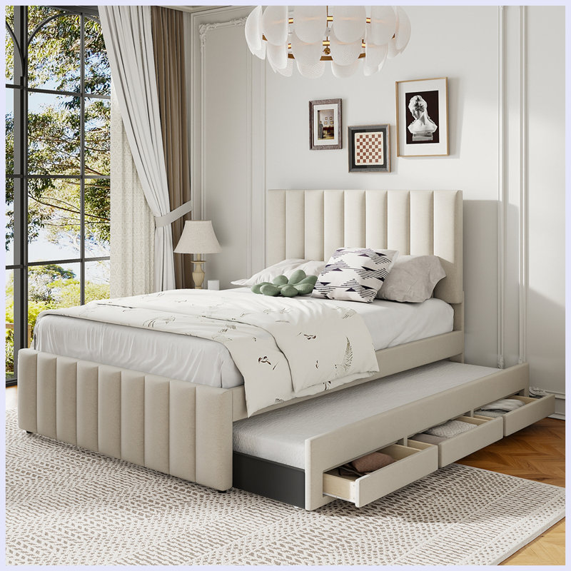 Lit plateforme tapissier avec lit gigogne simple et 3 tiroirs, Beige, Complet/Double
