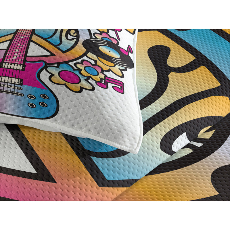 Colorful Peace Love Music Queen Quilted Bedspread Set