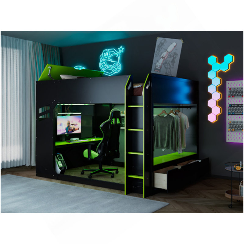 Lit mezzanine en bois pleine grandeur avec bureau à hauteur réglable, tiroirs, compartiments de rangement, tringle à suspension et lumières RVB, vert
