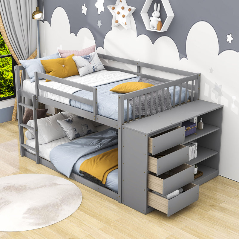 Farschid Kids Bunk Bed with Drawers, Full, Gray