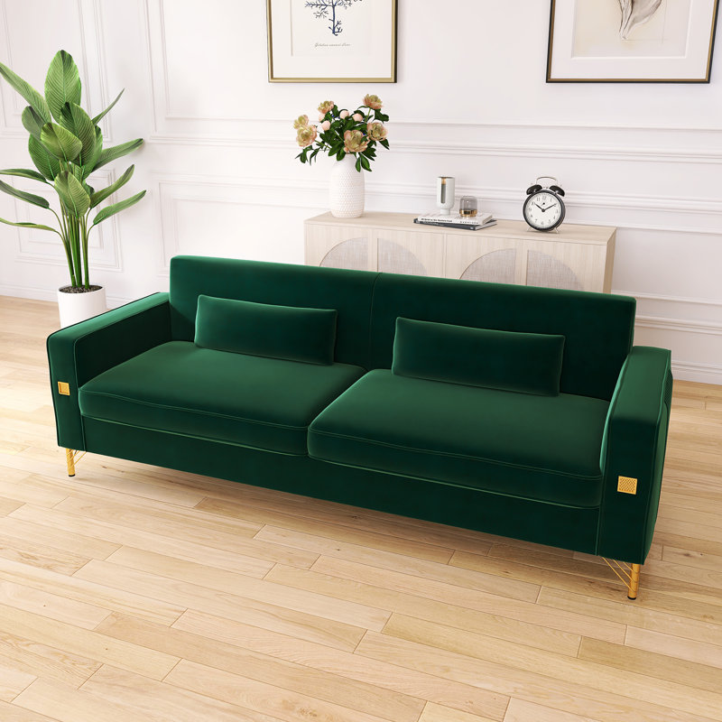 Canapé 85,63 po style Mid-Century moderne avec coussins moelleux et pieds en métal, Vert rétro