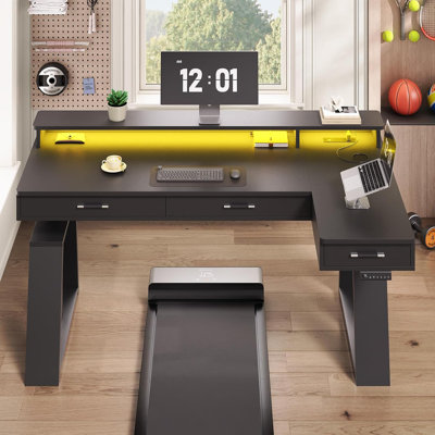 59" L Shaped Electric Standing Desk With Drawers