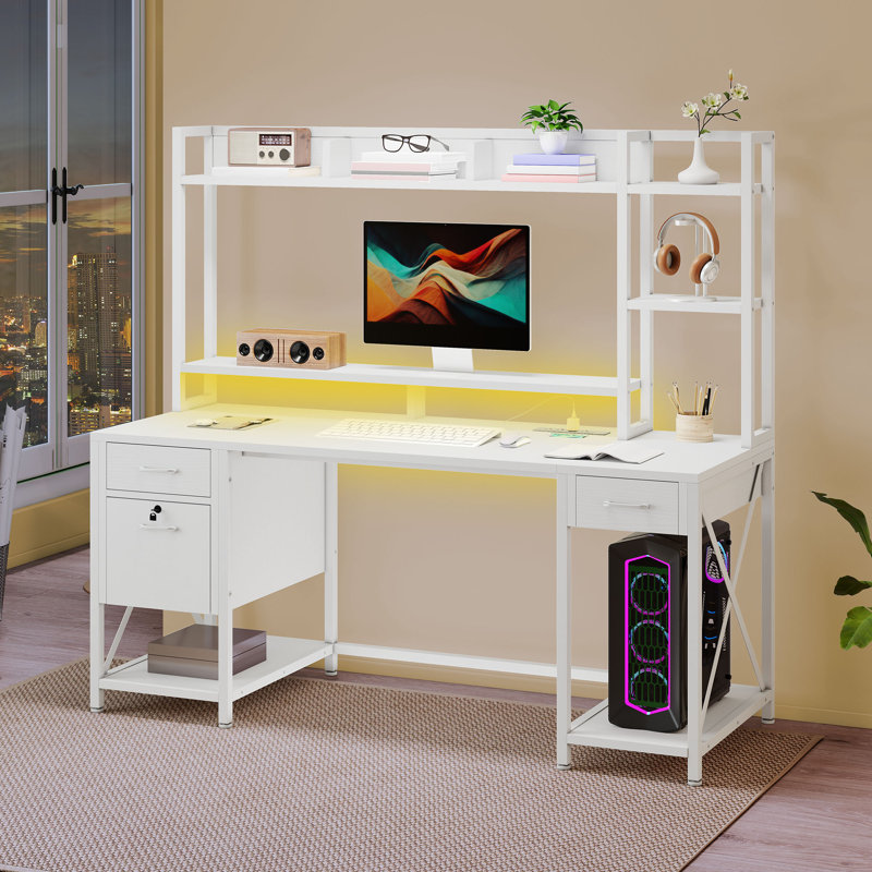  59" Computer Desk With Storage Hutch, LED Lights & Power Outlets, Home Office Desk With Lockable Drawers & Monitor Stand