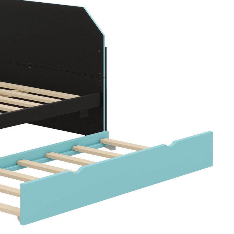 Full Size Wooden Daybed Comes With Twin Trundle, Built-In Desk & USB Charging Outlets, Cloud Blue