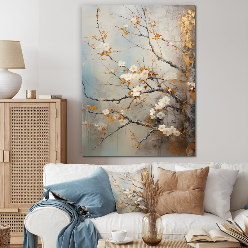 Oiseaux blancs sur un arbre floral I - oiseau, art mural, Toile tendue, H 44 po x l 34 po x P 1,5 po