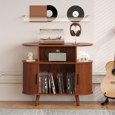 Armoire tourne-disque moderne de 35 pouces de style Mid-Century avec conception cannelée, support de tourne-disque rond avec station de charge
