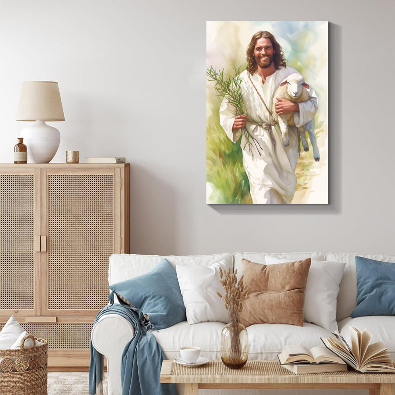 «Sourire Jésus tenant un agneau - Le bon berger», art mural sur toile, H 30 po x l 20 po
