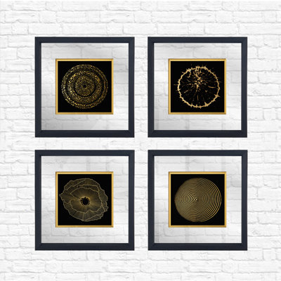 Élégantes peintures encadrées décoratives (4 pièces), cadre en bois, 12,6 po x 12,6 po chacune | Façade 100% verre (épaisseur: 0,12 pouce) | Impression numérique UV | Art mural parfait pour décorer un salon ou une chambre à coucher